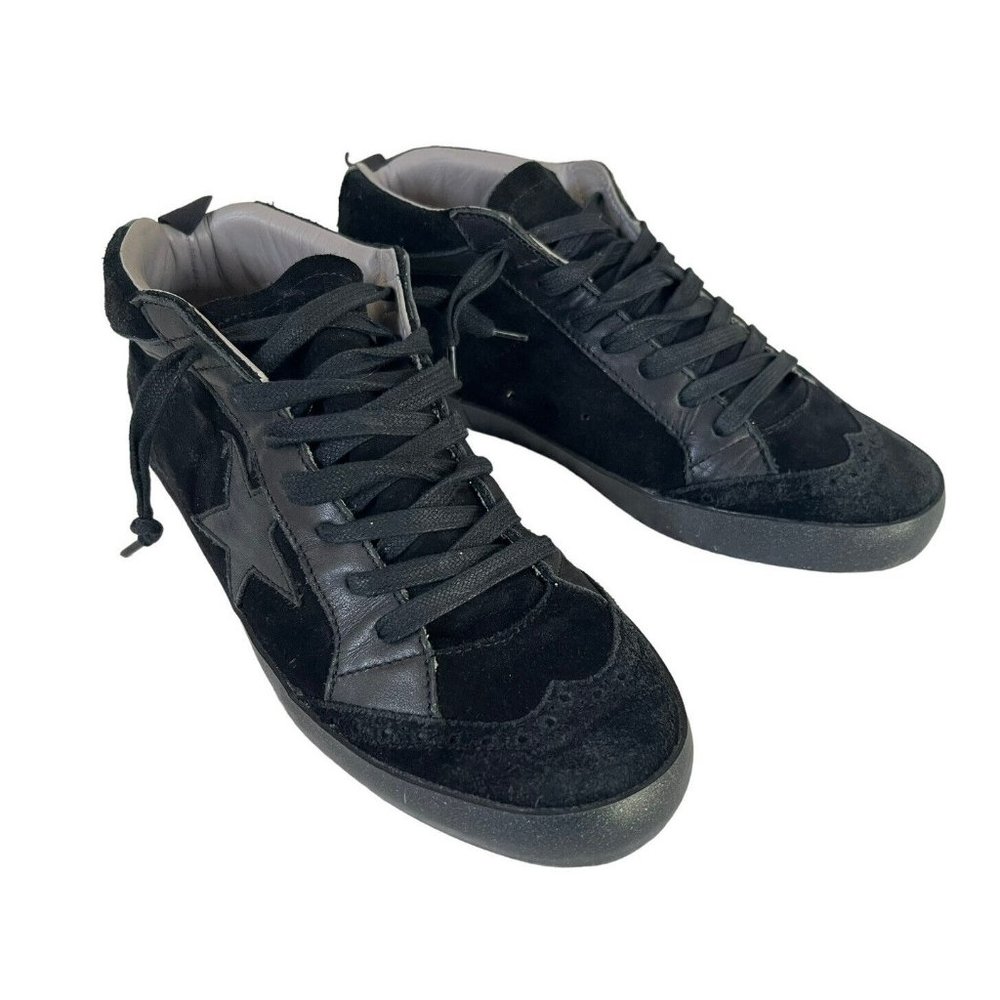 Golden Goose Mid Star Black Wing Tip Sneakers with Black Stars & Soles Sz 38